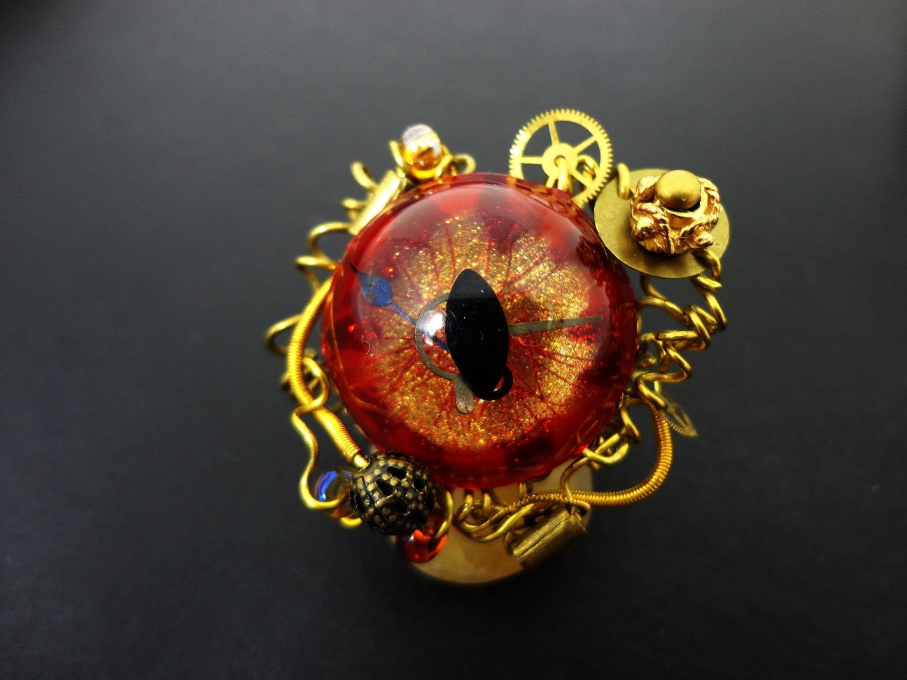 Steampunk Ring Evil Eye Automaton Ring In Red and Gold by Dr Brassy Steampunk