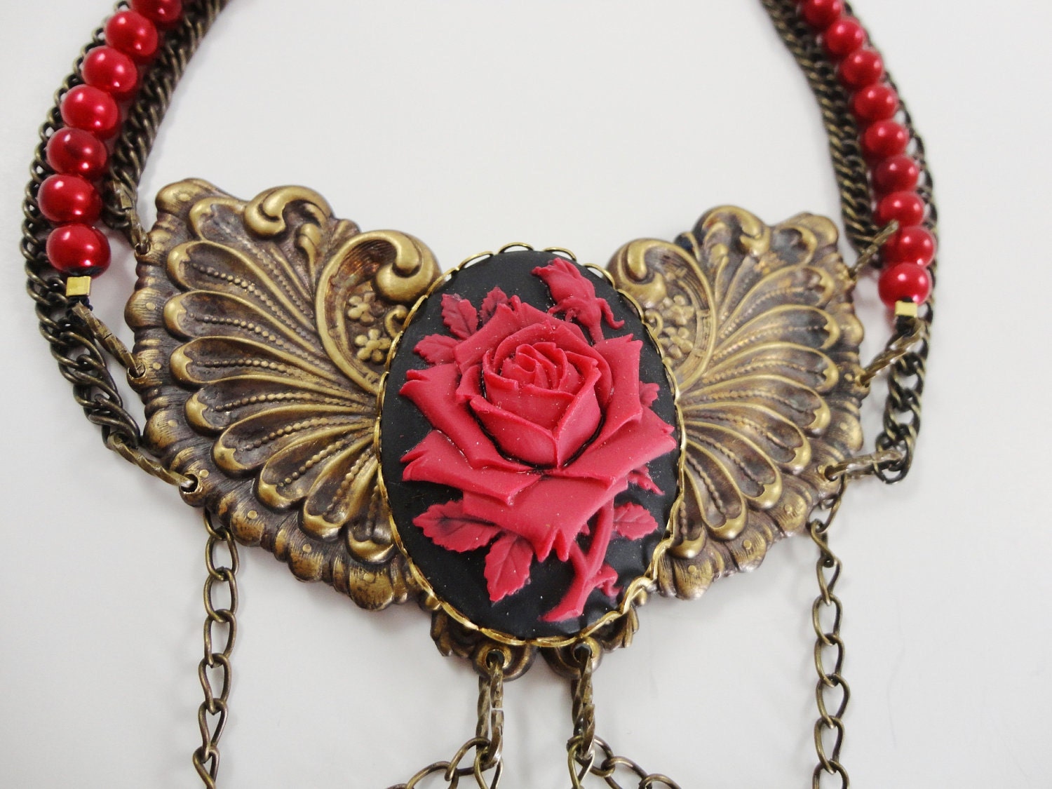 Goddess Wings Choker Necklace - Rose Red and Black Cameo on Ox Brass Wings with Faux Pearls and Chain by Dr Brassy Steampunk