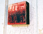 ART Blocks 5"x5", Red Abstract, Contemporary Photo of Men on Bikes