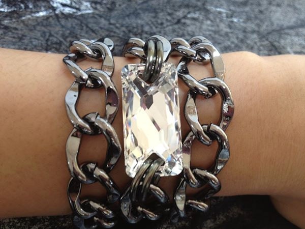 Surfer Girl, Triple Wrap Chunky Gunmetal Chain Bracelet with Swarovski Crystal