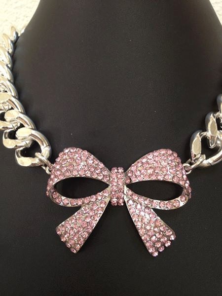 Dollyface, Pink Crystal Bow with Large Chunky Silver Chain Necklace