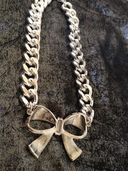 Dollyface, Pink Crystal Bow with Large Chunky Silver Chain Necklace