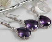 Amethyst Purple Teardrop Czech Glass Crystal Necklace and Earring Set Bridesmaids Jewelry, Bridal Jewelry REF-601