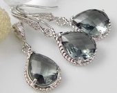 Gray Silver Teardrop Czech Glass Crystal Necklace and Earring Set Bridesmaids Jewelry, Bridal Jewelry REF-601 - LaBelleGem
