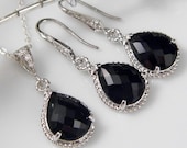 Silver Black Teardrop Czech Glass Crystal Necklace and Earring Set Bridesmaids Jewelry, Bridal Jewelry REF-601