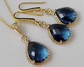 Gold Sapphire Necklace and Earring Set Teardrop Czech Glass Crystal Necklace and Earring Set, Bridal Jewelry REF-601