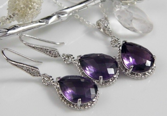 Amethyst Purple Teardrop Czech Glass Crystal Necklace and Earring Set Bridesmaids Jewelry, Bridal Jewelry REF-601