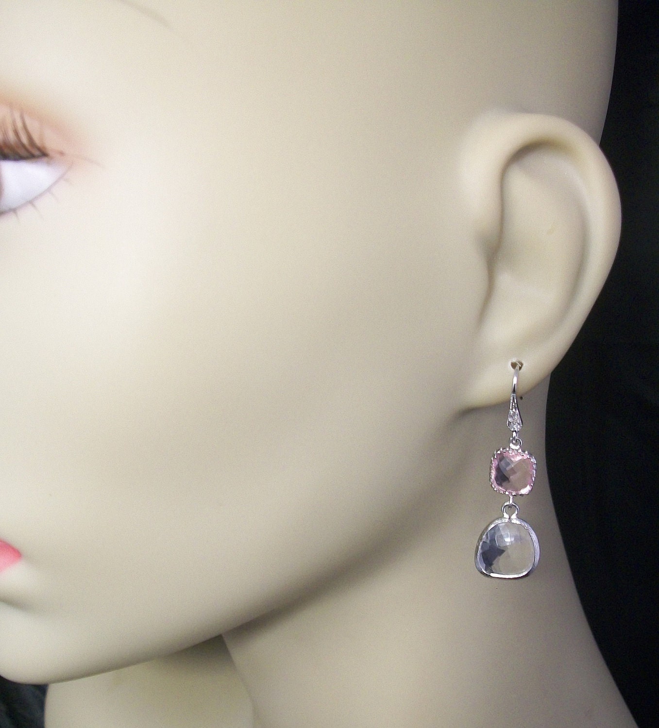 Pink and White Glass Crystal Cubic Zirconia Earrings, Pink Bridal Jewelry