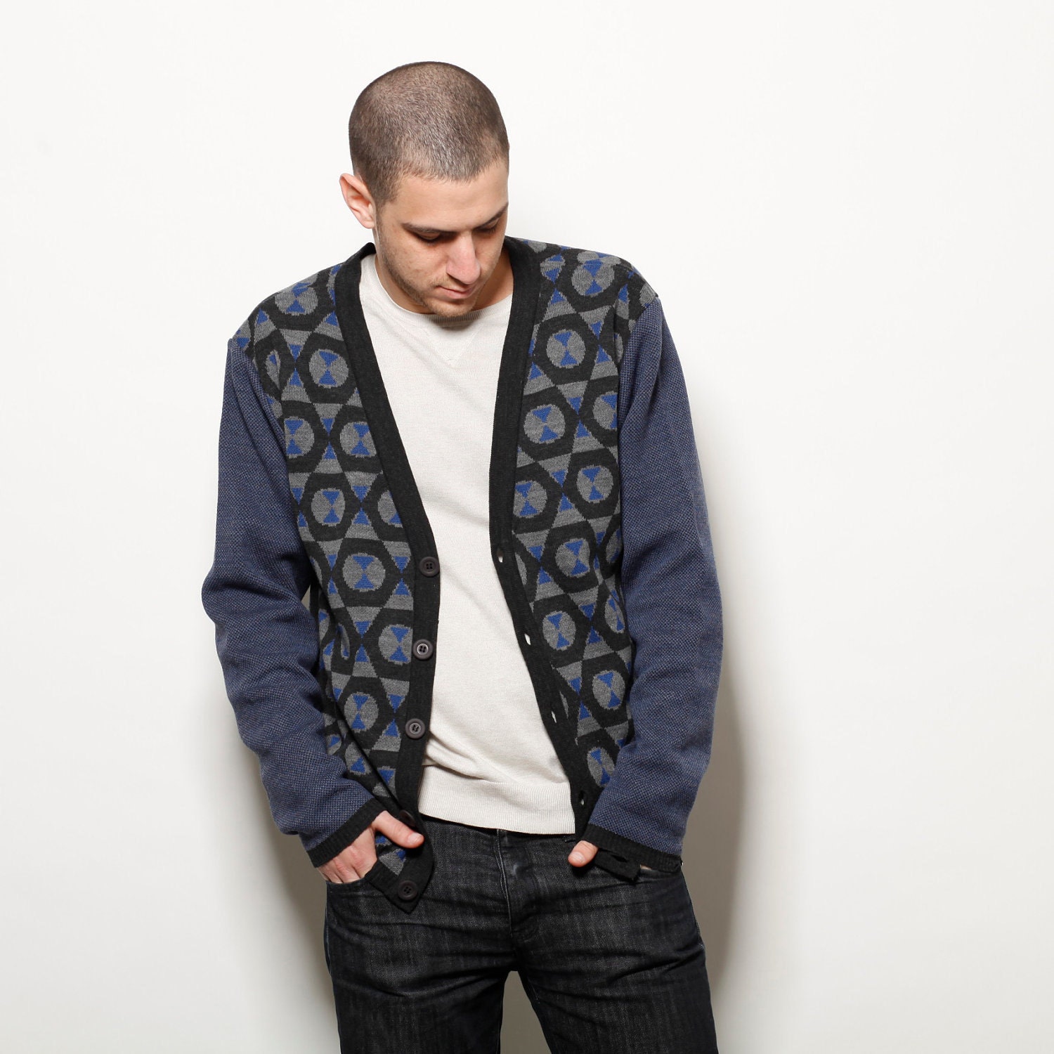 Fathers day Mens blue knitted cardigan