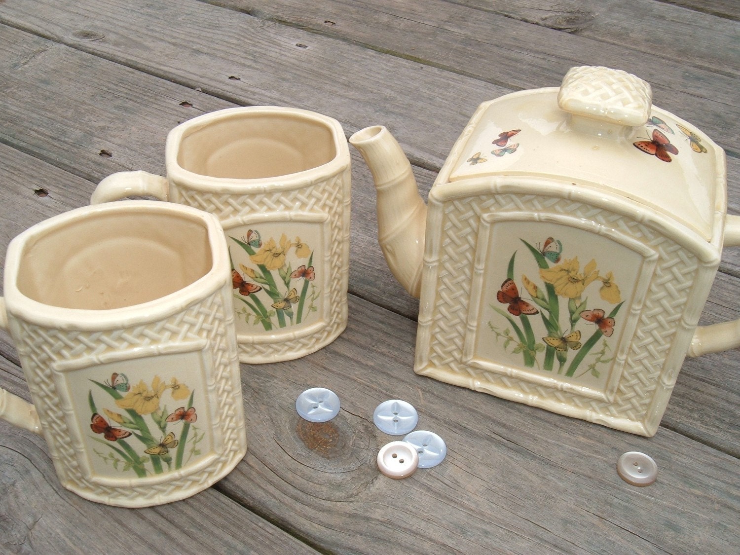 Vintage Enesco Butterfly Garden Trellis 1978 Teapot and Mugs from Japan