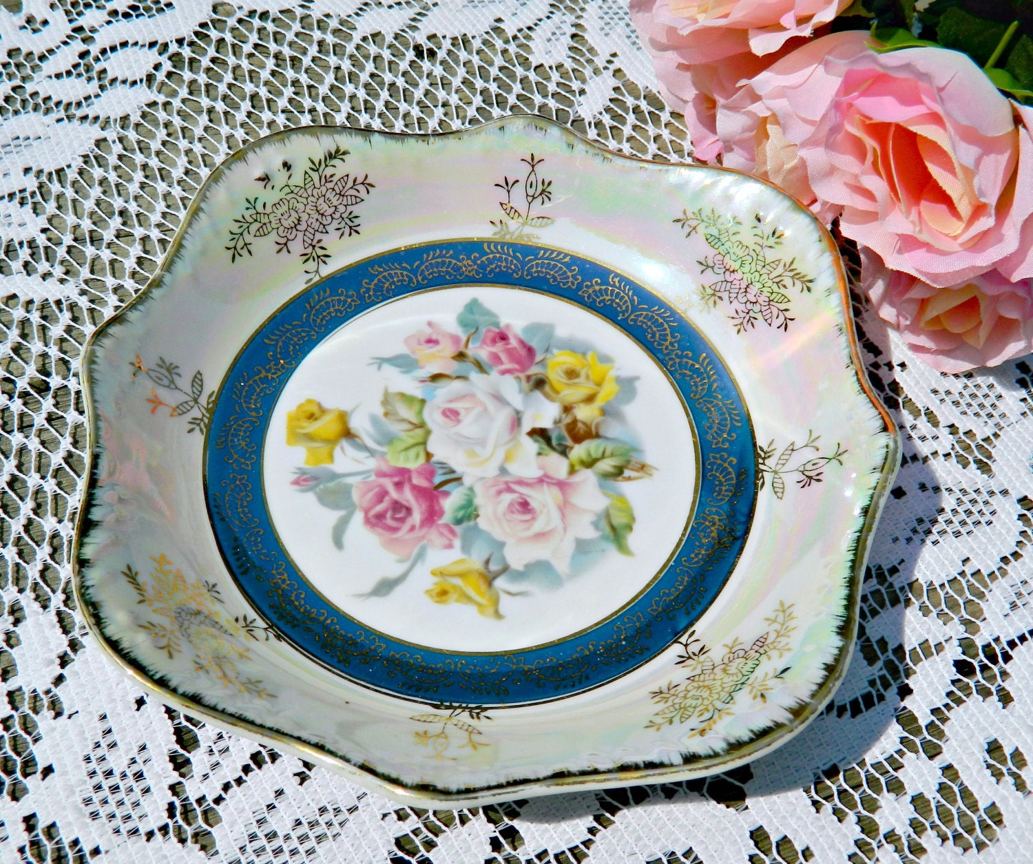 Vintage Lusterware Floral Dish or Bowl, Candy or Trinket Dish from Japan