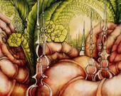 One of a Kind Original Natural History Drawing of Ammonites, Bell Jars & Ferns in Green Gold Pastel and Rich Brown Conte