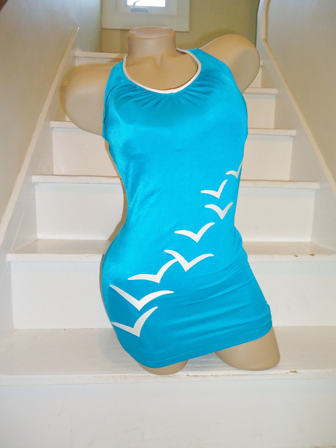 Flock of Seagulls Sky Blue Vintage 1960's Skirted De Weese Swimsuit M L