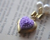 Vintage Heart Locket - Brass Bow - White Pearls - Lavender Flower - Shabby Chic - Romantic - Valentines day - Upcycled -  Pastel Purple