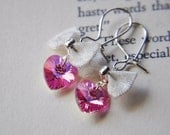 Sterling Silver Pink Crystal Heart Earrings - Valentines Day Jewelry - Love - Romantic - Sweet Sixteen - Birthday Mothers Day
