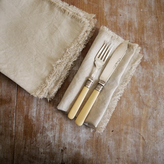 Set of 6 100 linen frayed edge napkins creamy by thecathedral