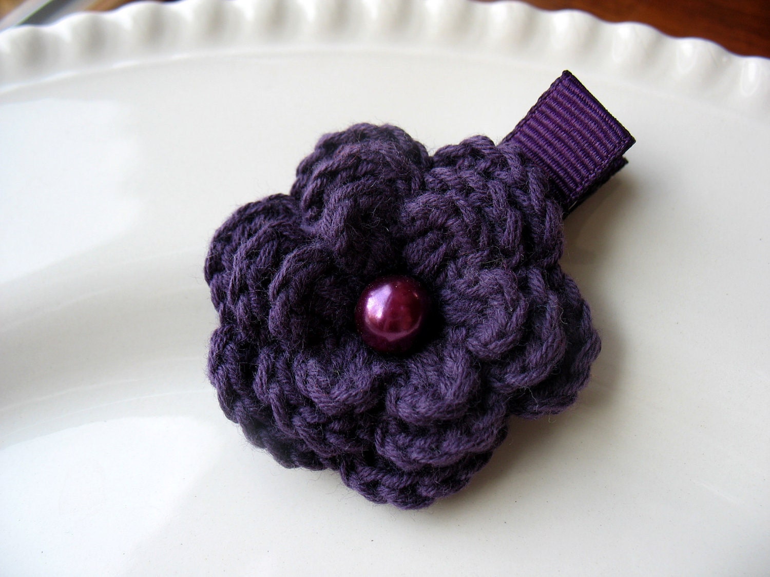Nina - Crochet flower hair clip in deep purple