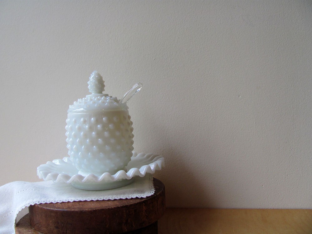 Fenton Jelly Jar Jam Jar Mustard Jar Milk Glass Hobnail Spoon Underplate All Original