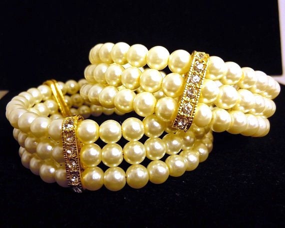 Custom Bridal Jewelry Pearl Cuff Bracelet with Rhinestones