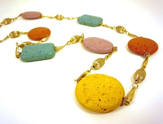 Beaded Necklace Lava Stone in Summer Colors on Vintage Chain