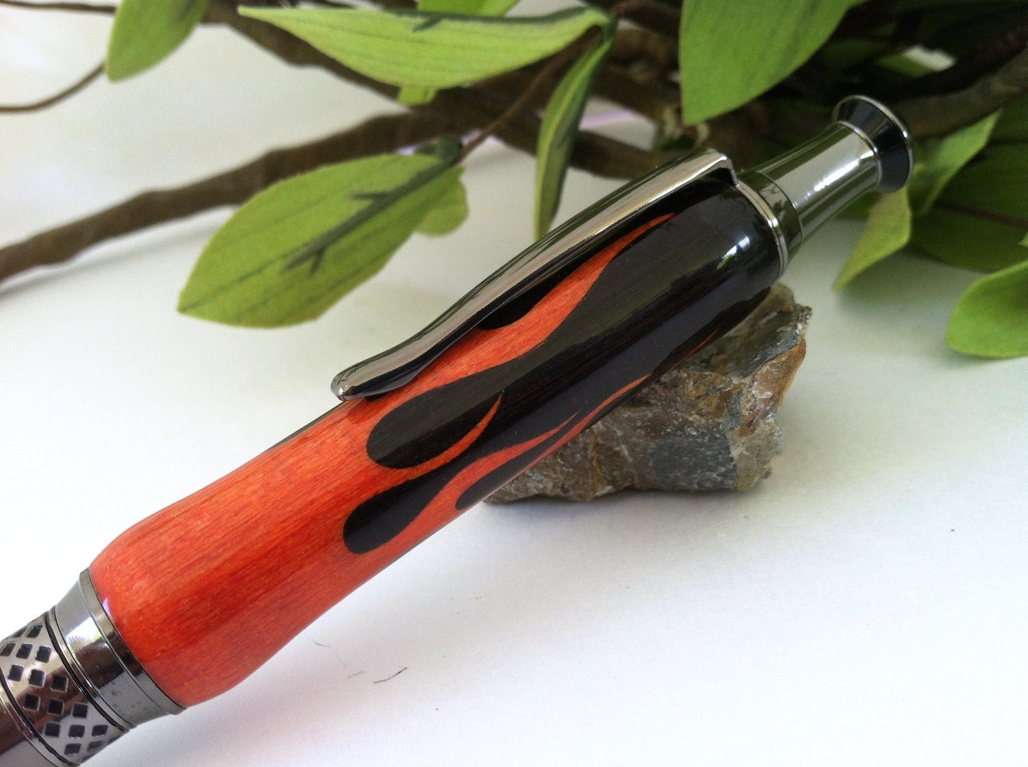 Burn So Good - Personalized Orange and Black Inlay Flames Writing Pen - Free Engraving
