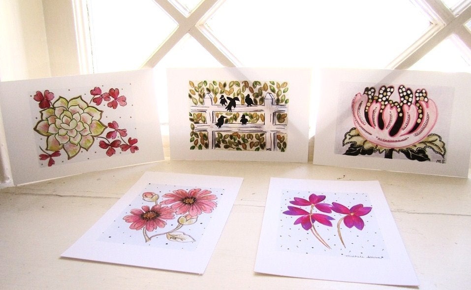 5 Enchanted Garden Ink Drawing Digital Prints- Flower Art - Flower Drawing Postcard size prints 4x6"