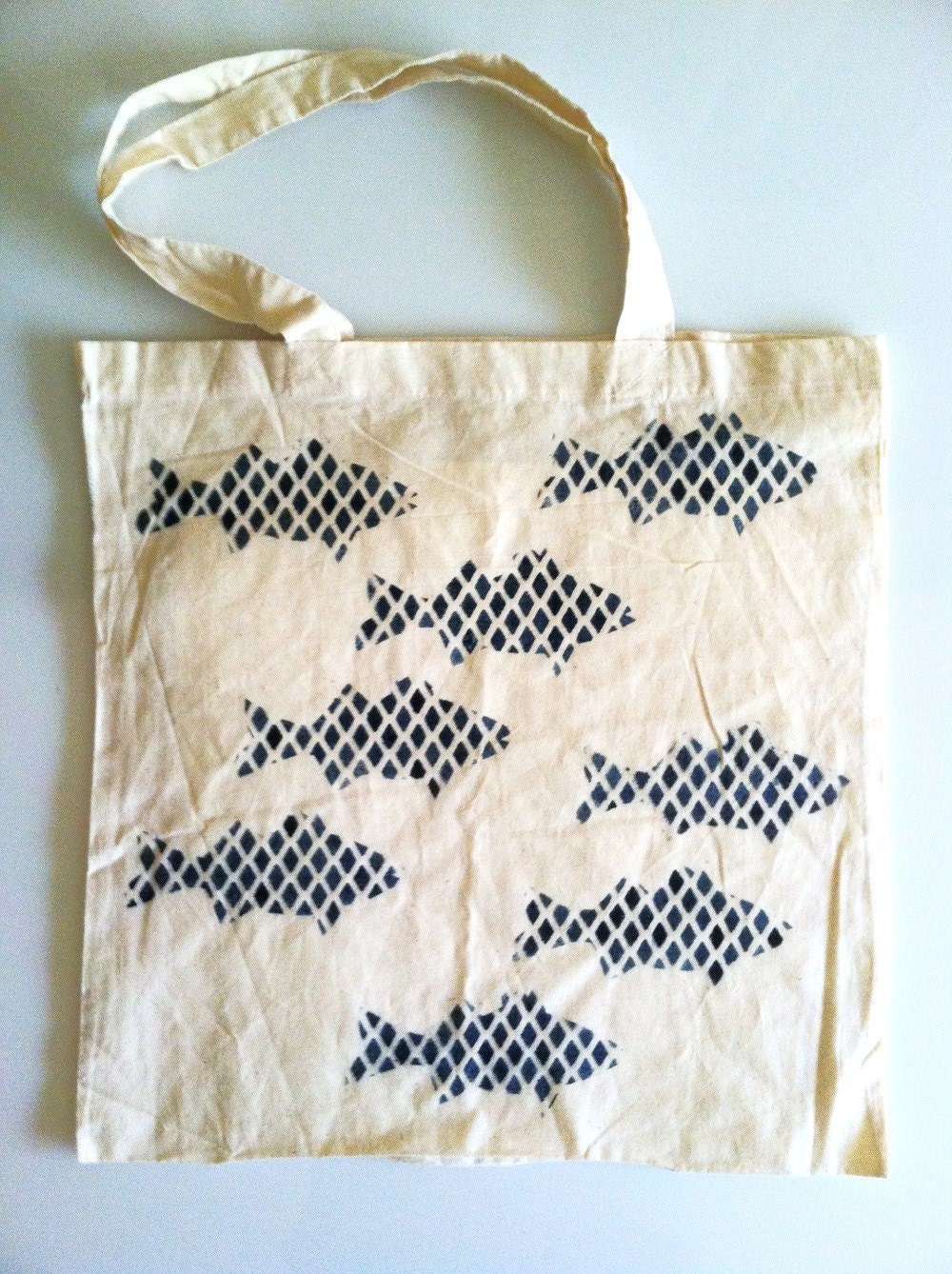Beach Bag- Fish- Indigo Dyed- School of fish- Deep Blue Sea- Hand Painted - Natural- Organic- Cotton Canvas Tote Bag