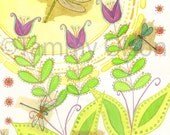 Mixed media dragonfly, flowers, garden, art, painting,  collage, 8 x 10  Limited edition print 1/250, "Dragon Fly"