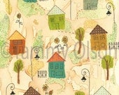 Mixed Media Collage Houses, Lamp posts,  trees, town, flowers, art, painting  8 x 10 limited edition print 9/250,   "Our Town"