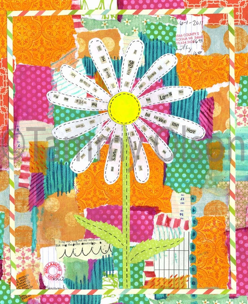 Flower painting, mixed media collage, daisy, colorful, 8 x 10 Limited edition print 1/250,  "He Loves Me,  Loves Me Not"