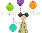 Collage art, girl, chinese lanterns, paper lanterns, mixed media,  8 x 10 Limited edition print 1/250, "Lantern Girl"