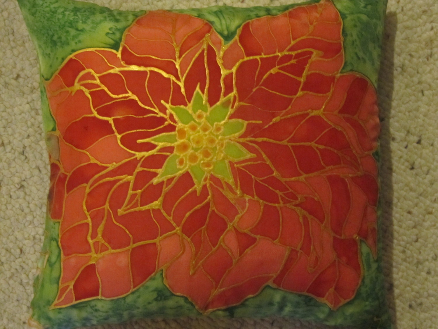 Red poinsettia 16in. silk throw pillow cover