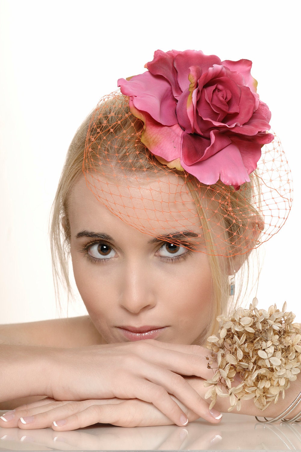 SALE - Pink and Orange Cocktail Hat - Fuchsia Pink Rose with Popsicle Orange Birdcage Netting Fascinator - Kentucky Derby - Weddings