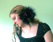 CLEARANCE - Rum Raisin Fascinator - Deep Purple Papery Peony and Black Marabou Feather Layered Hair Clip