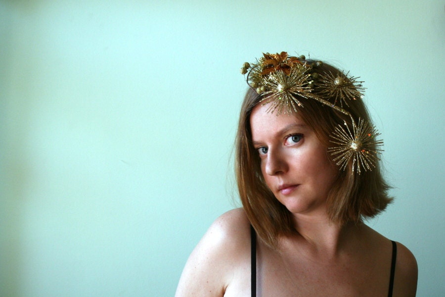 CLEARANCE - Gold Sunburst Headpiece - Hair Flourish of Glitter Stars Berries and Poinsettia Flower - Holiday - Cocktail Party - Formal