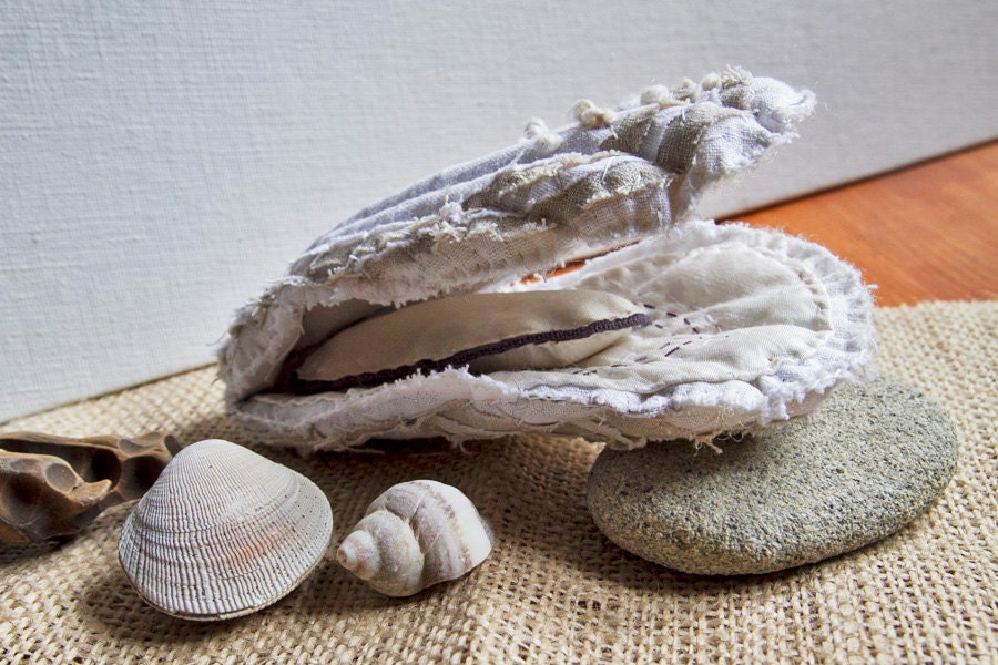 Oyster in Shell - Hand Stitched Seashell Soft Sculpture
