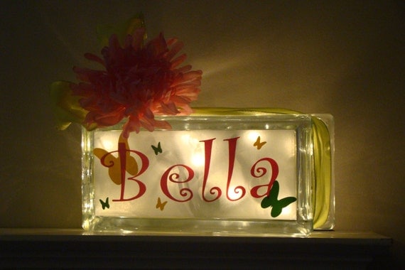 Girls glass block night light- butterflies/daisies