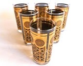 Vintage Mid Century Highball Glasses ... Black and Gold, Rock of Gibraltar, Set of 6, with Carrier, MCM Barware