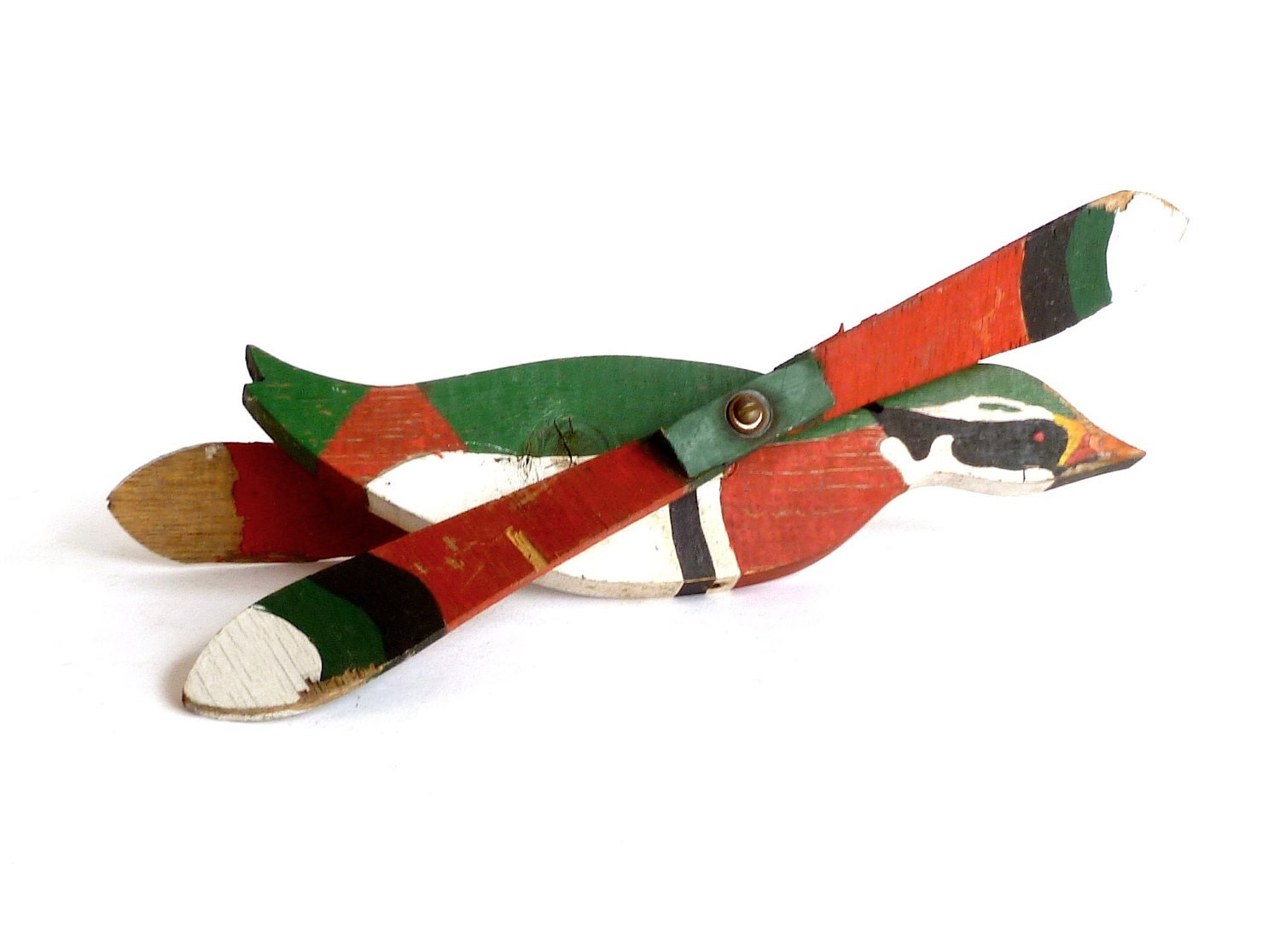 Folk Art Wood Bird Whirligig ... Handmade, Red and Green, Weathervane, Americana, Wood Duck