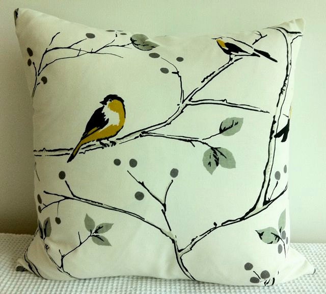 Cream, yellow and beige bird and tree motif cushion cover, slip cover, throw pillow, decorative cushion, accent pillow