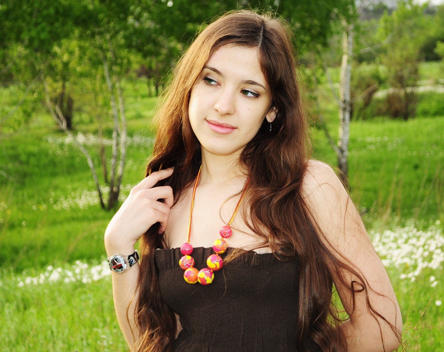 Pink long necklace from polymer clay - bright jewelry, red yellow  pink, gift idea for her, girl, summer fashion, love - ready to ship