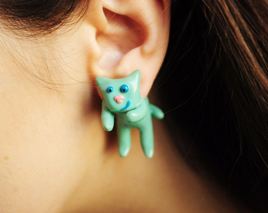 Mint cat earrings ear studs fake gauges - mint earrings, cute ear studs, fun earrings, mint blue,  gift for her girl - made to order