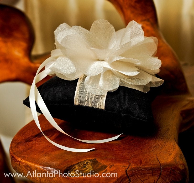 Black Wedding Ring Pillow with Champagne Organza Flower LUXURIOUS Ring Bearrer Pillow for Weddings
