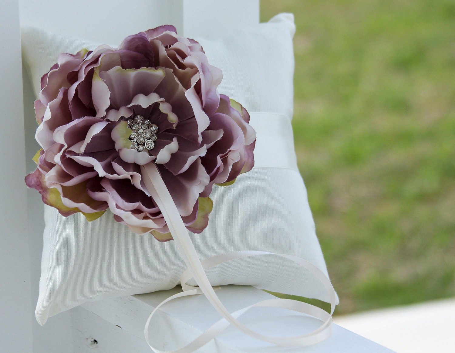 Ivory Ring Bearer Pillow, Lavender Purple Flower Ring Pillow