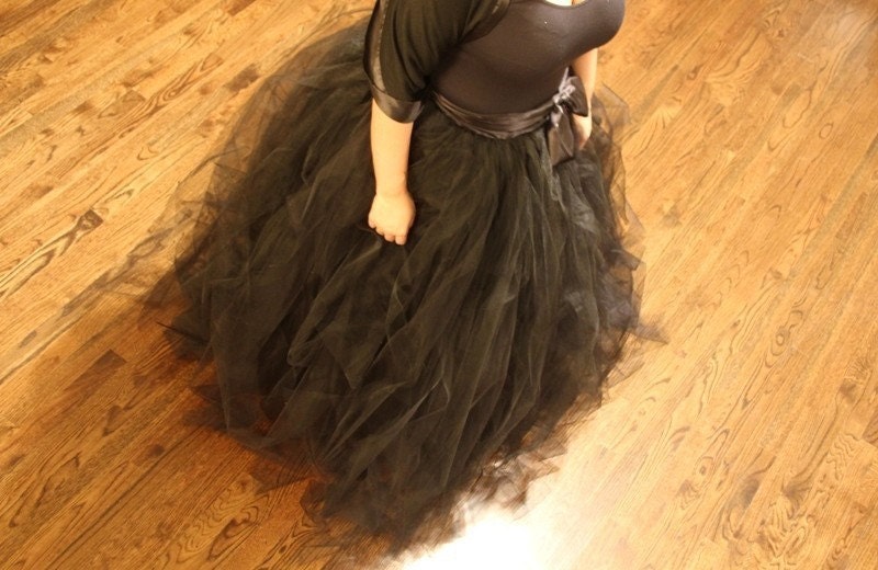 Black adult tutu, long black skirt, sewn tutus, Wide Satin sash, Wedding tutu, Prom dress