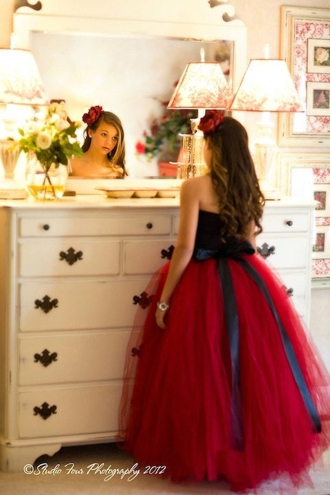 red dress, red tutu, long tutu skirt, sewn tutus, Wide Satin sash, Wedding tutu, Prom dress, flower girl dress, adult tutu