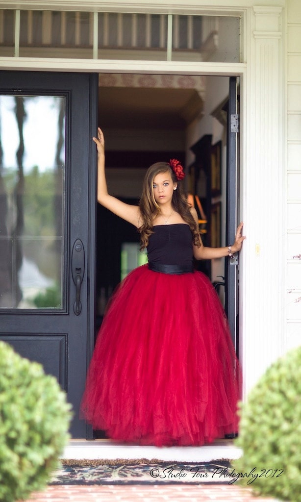 red dress, red tutu, long tutu skirt, sewn tutus, Wide Satin sash, Wedding tutu, Prom dress, flower girl dress, adult tutu