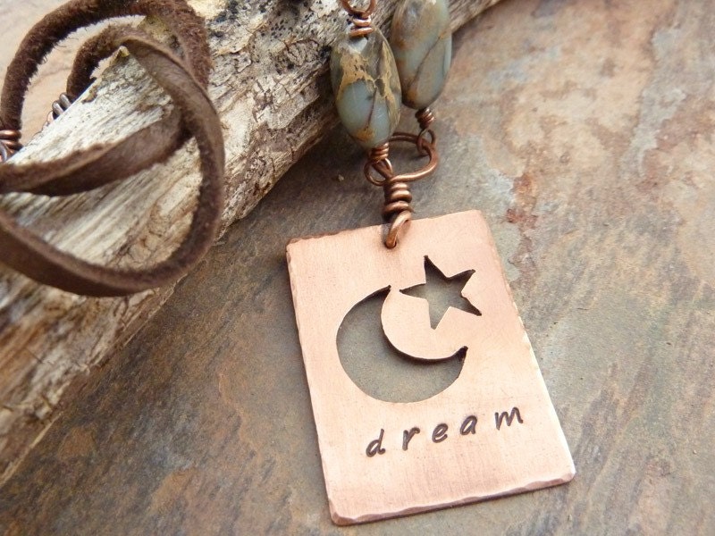 Moon Star Necklace Copper Celestial Stamped Dream Leather Beaded Gemstones