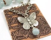 Butterfly Necklace Etched Copper Blue Aquamarine Mixed Metal Necklace Silver