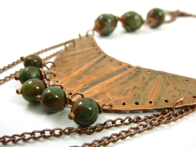 Bold Rustic Hammered Fold Formed Copper Statement Necklace Metalsmith African Jade Green Bronze Beads Chain Dangle - ATwistOfWhimsy